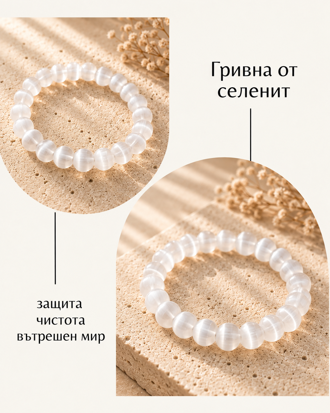 Гривна за пречистване, защита и вътрешен баланс от селенит